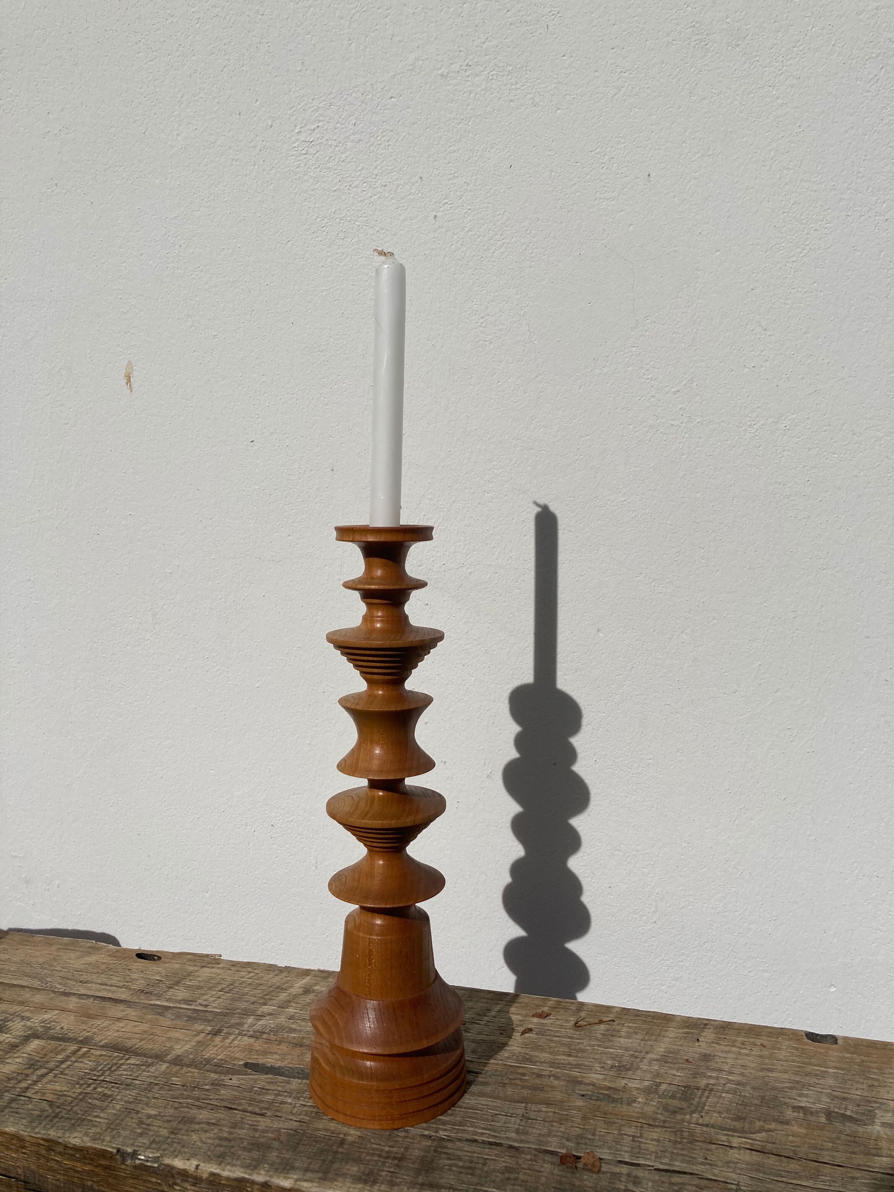 Large vintage Scandinavian turned wooden candle holder