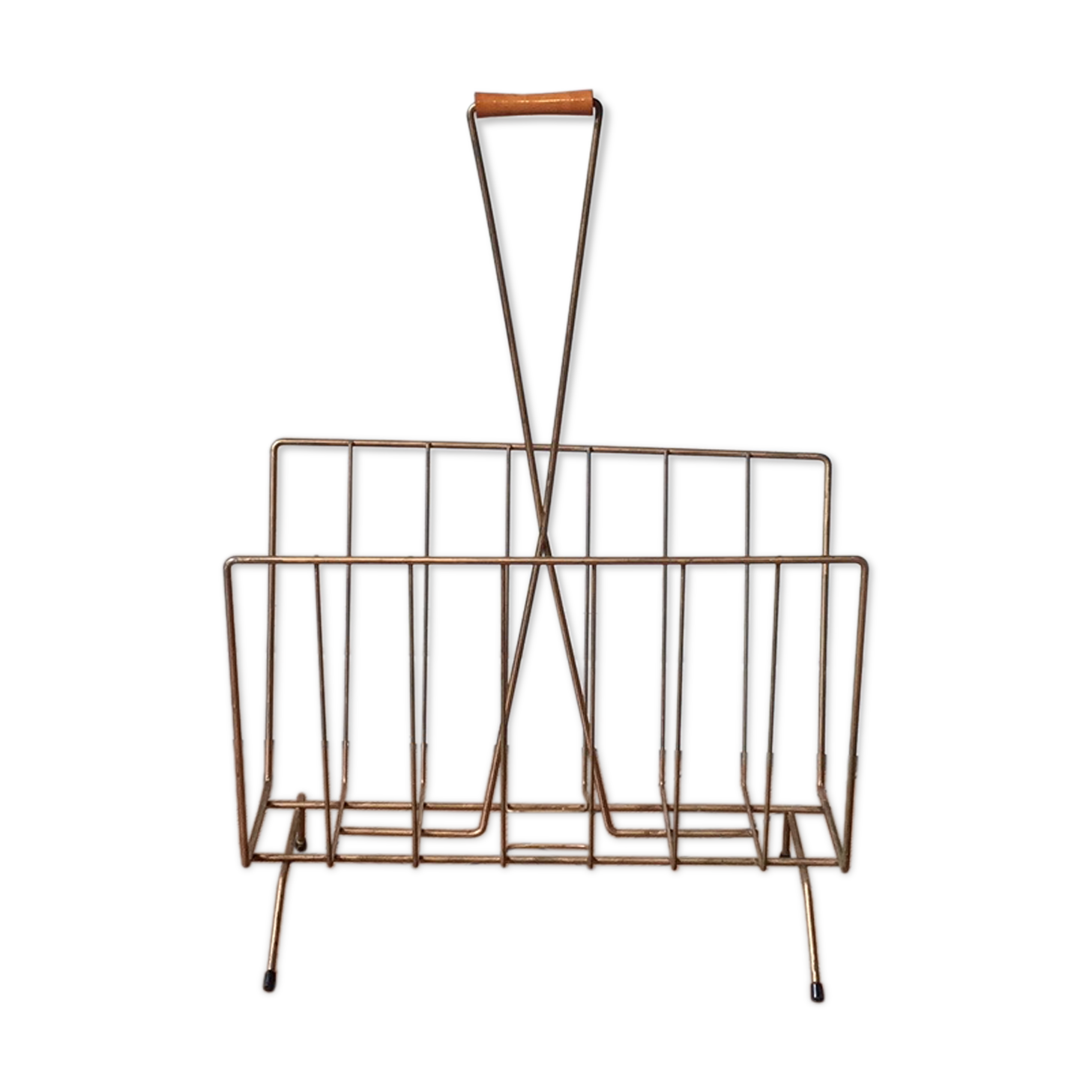 Vintage gold metal magazine rack and wooden handle