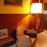 Wooden 1960s lamppost with large lampshade