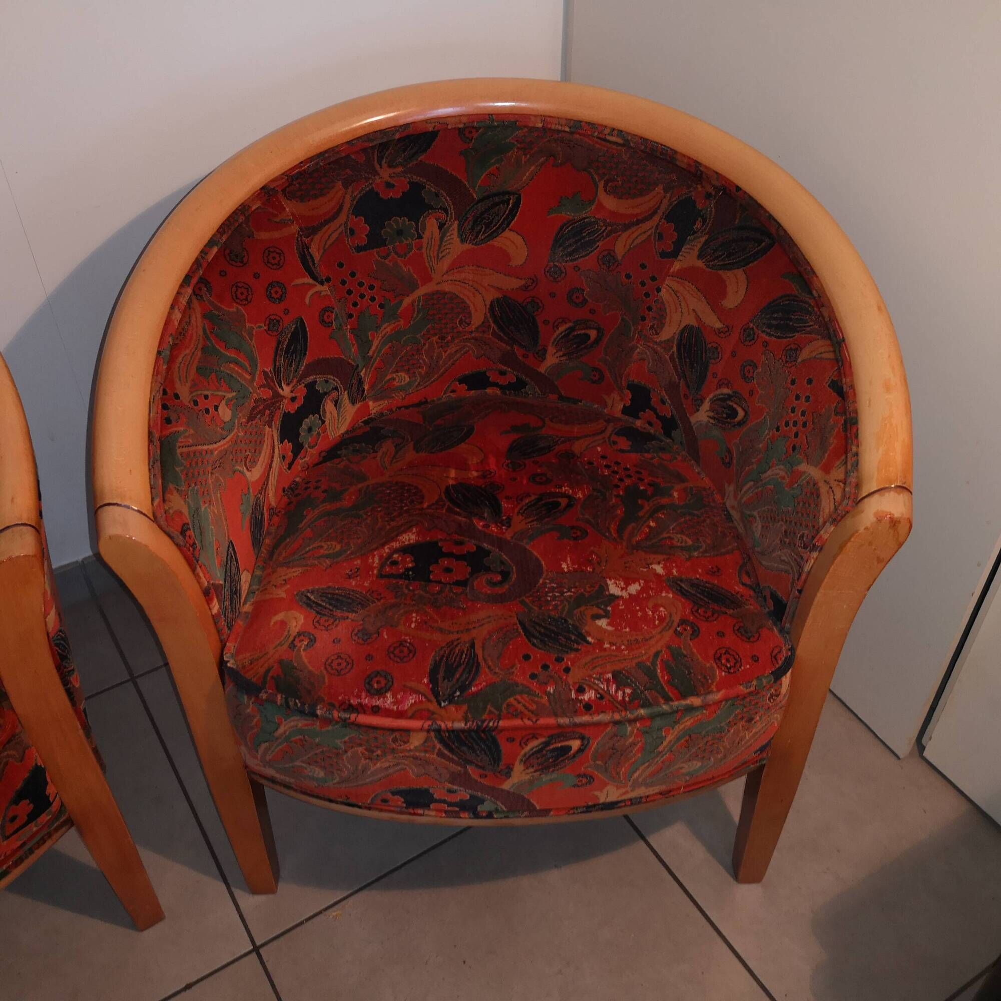 Pair of Neo-Art Deco gondola armchairs in vintage solid wood from the 1980s.