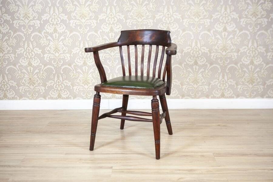 Early-20th Century Beech Desk Chair with Leather Seat, 1950s