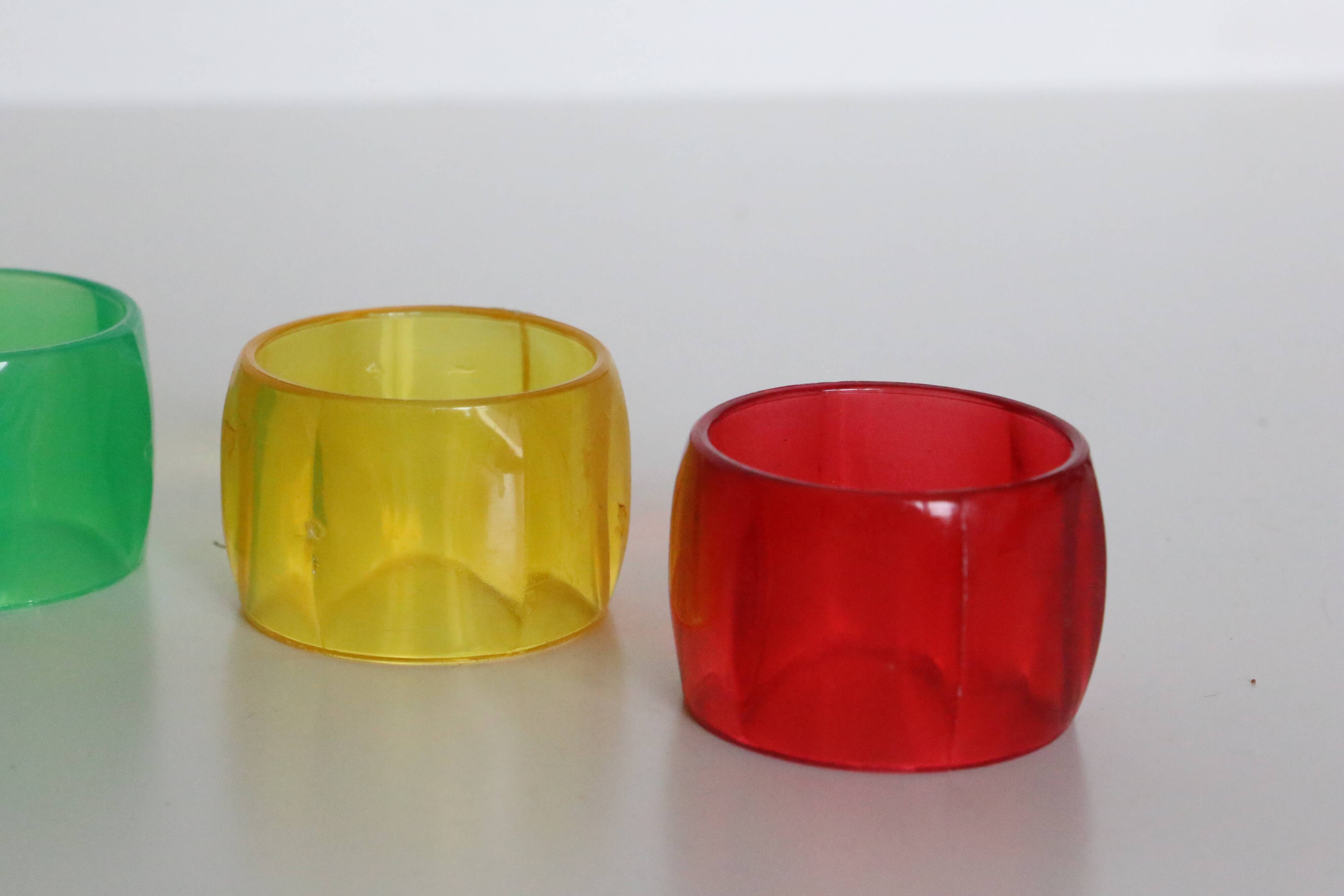 Colorful towel rings made of translucent plastic, vintage