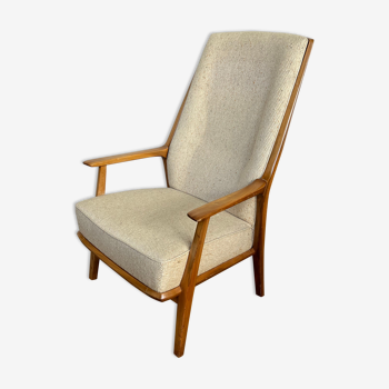 Fauteuil vintage années 1960 scandinave en noyé tissu écru d'origine