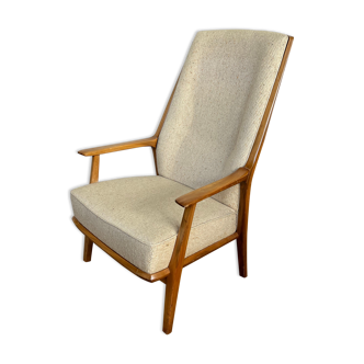 Fauteuil vintage années 1960 scandinave en noyé tissu écru d'origine