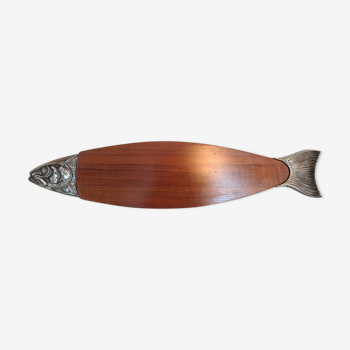 Plateau poisson en bois et métal vintage années 60-70