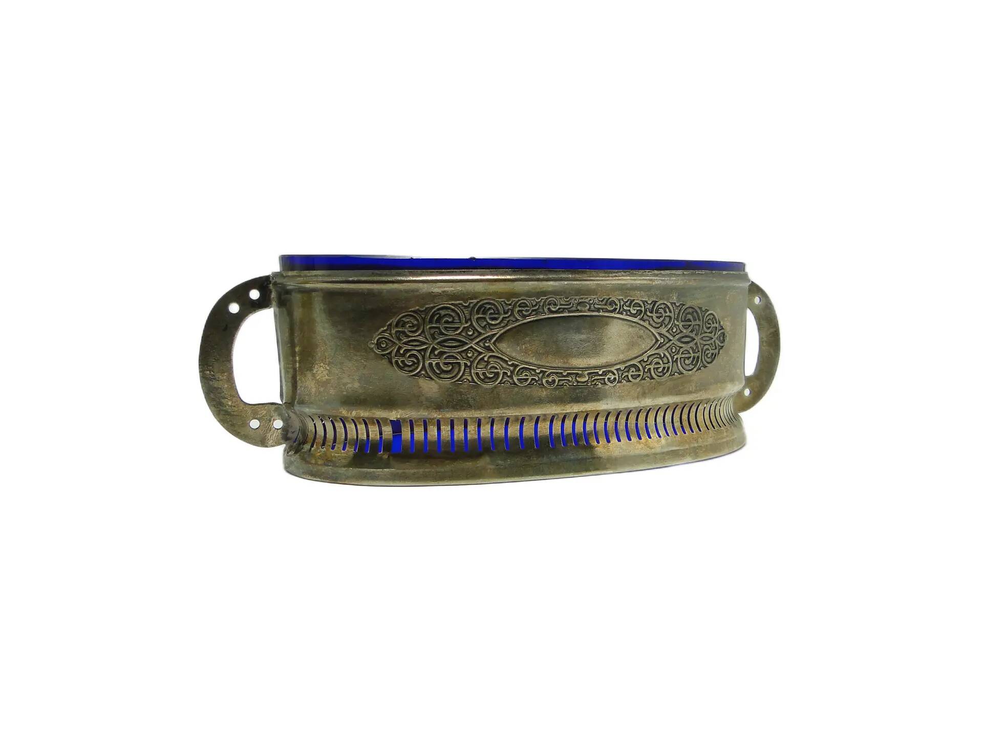 Art Nouveau jardiniere, silver-plated brass, cobalt glass, United Kingdom, 1960s.