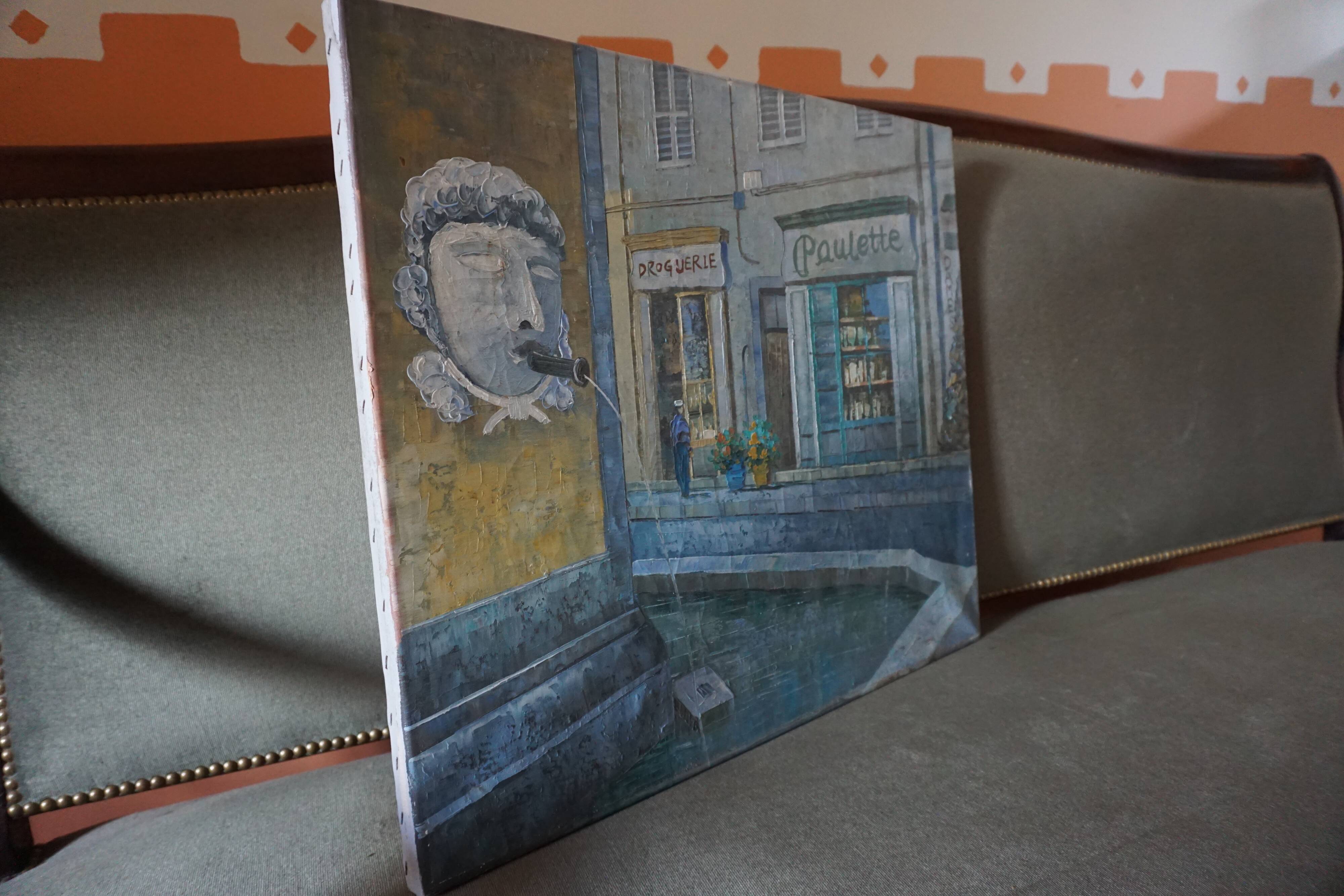 Oil on canvas street in the village of Cotignac (Provence)