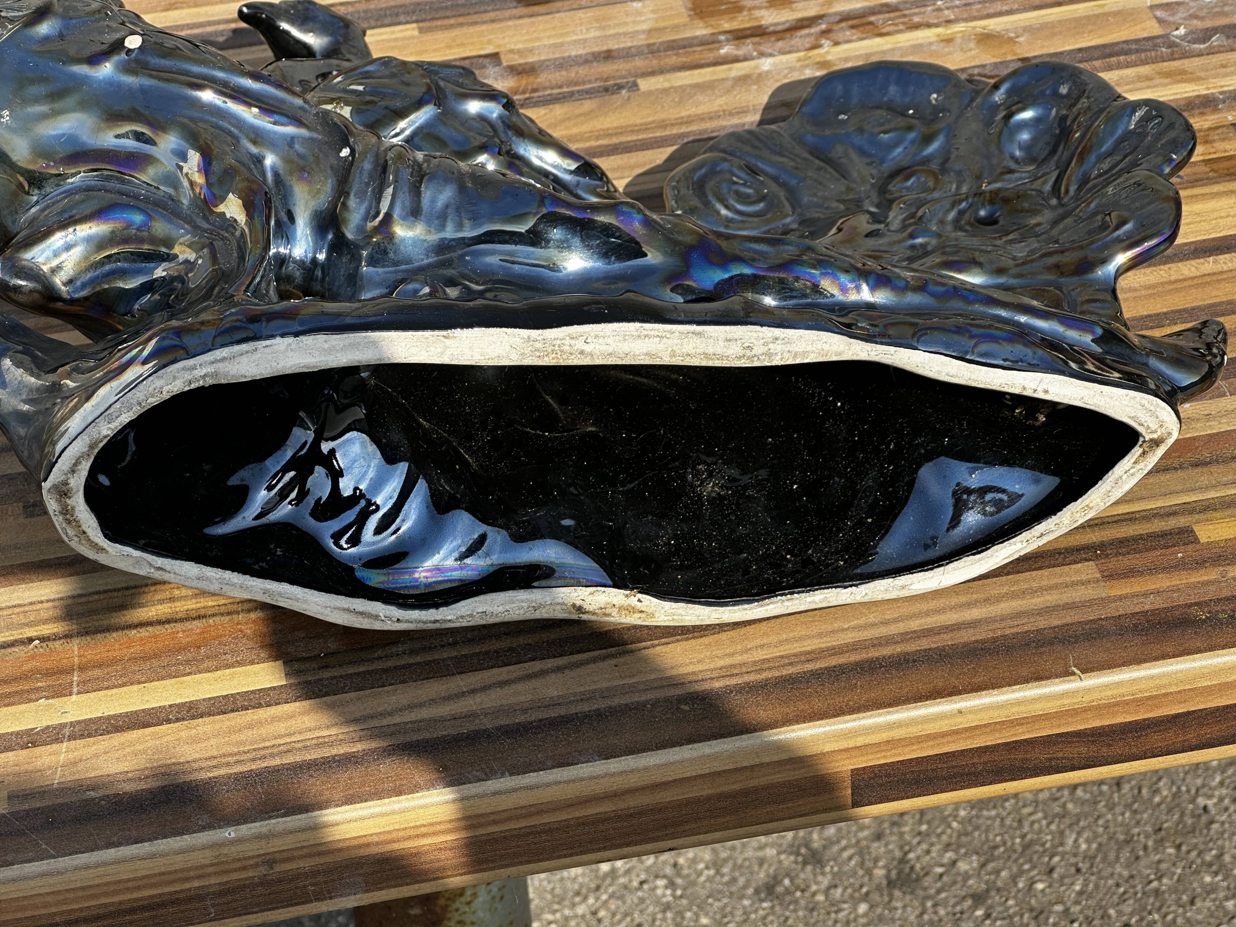 Centerpiece Pair of Peacocks Ceramic Vallauris Iridescent Anthracite Grey