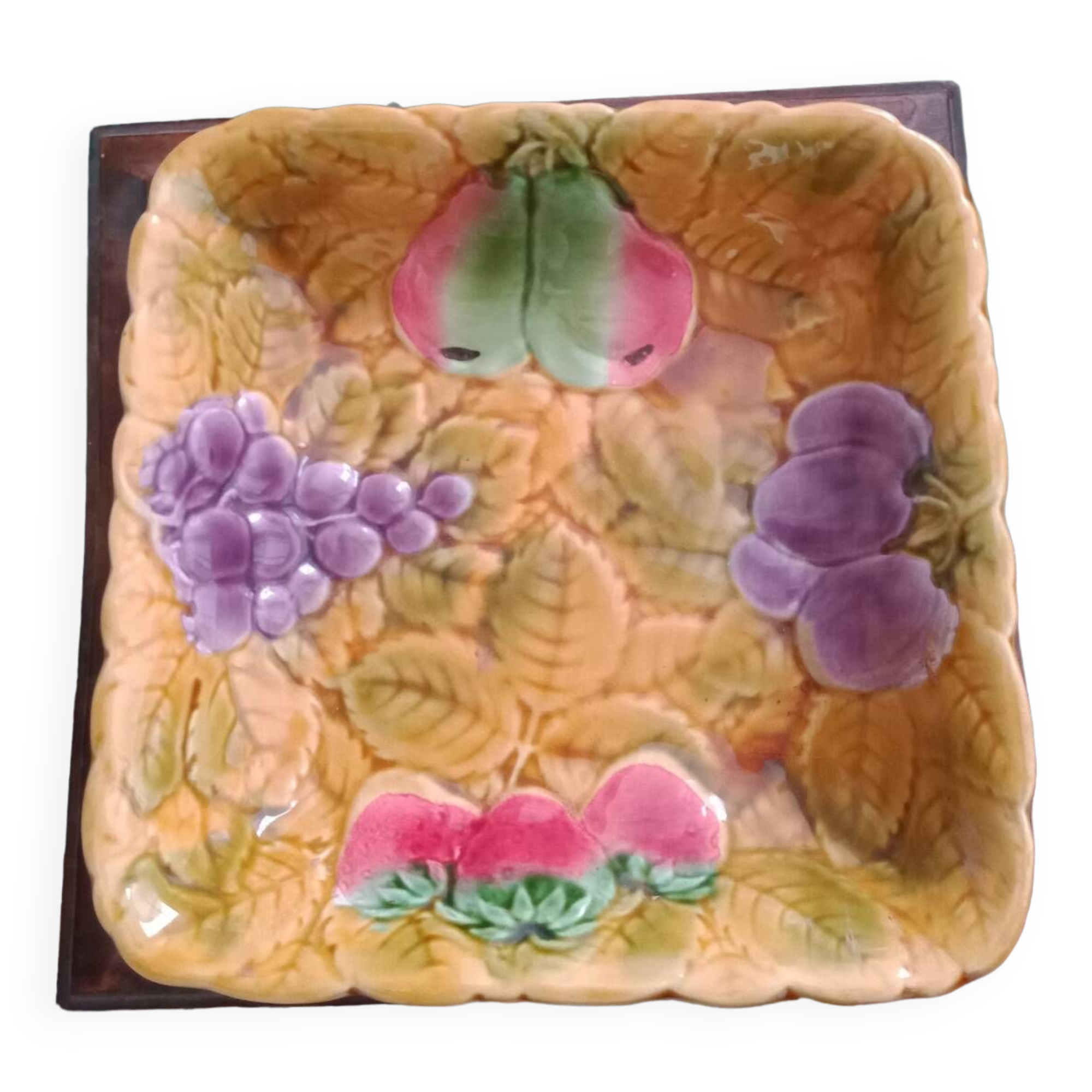 Square barbotine dish from Sarreguemines