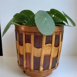 Cache-pot en bois et rotin années 70