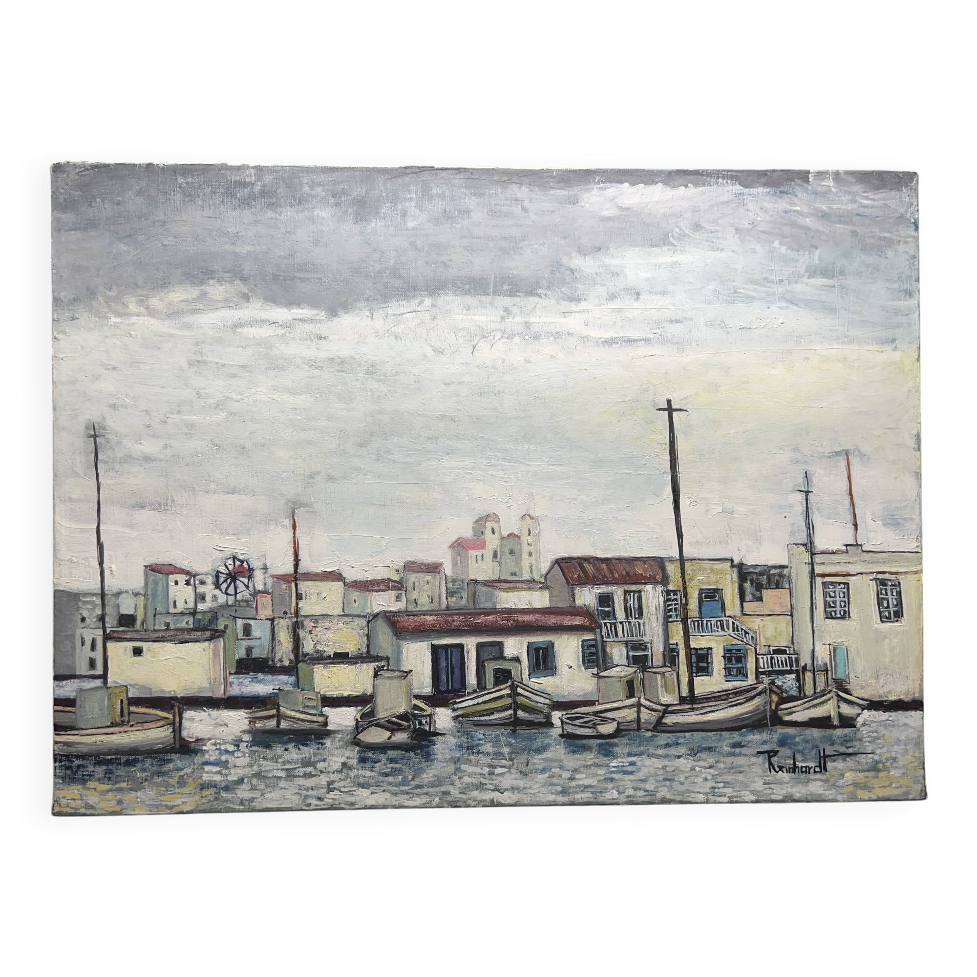 Mediterranean port landscape. Oil on canvas signed.