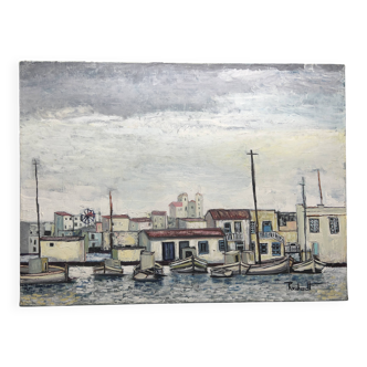 Mediterranean port landscape. Oil on canvas signed.