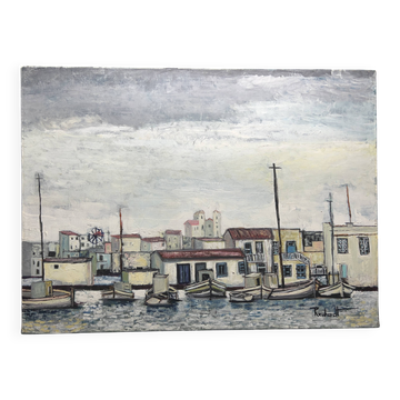 Mediterranean port landscape. Oil on canvas signed.