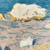 Aquarelle originale de Tony Minartz, baigneuses sur une plage rocheuse de la Méditerranée