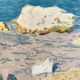 Original watercolor by Tony Minartz, bathers on a rocky beach in the Mediterranean