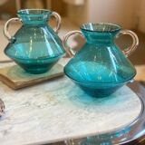 Pair of seventies blown glass vases - turquoise blue