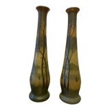 Pair of frosted glass vases, lake scene