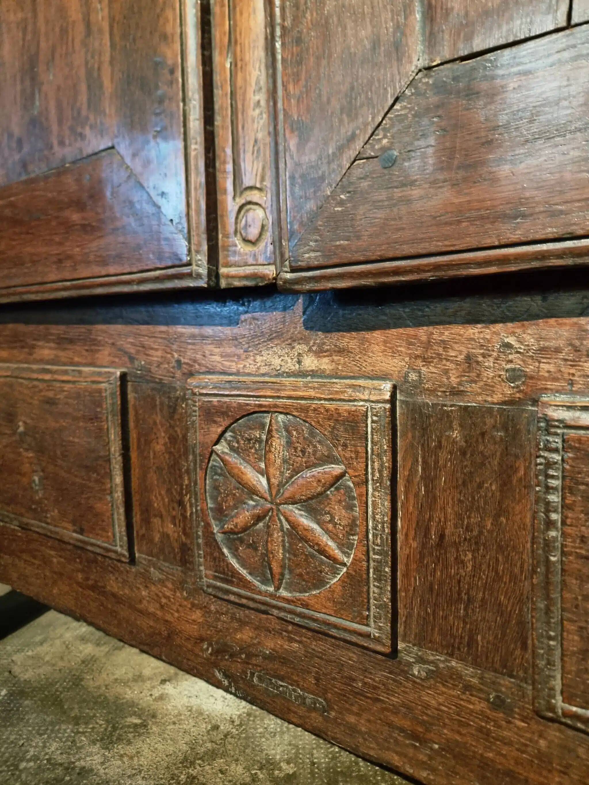 French oak armoire, late 17th - early 18th century, Louis XIV provincial style with hand-carved rosettes