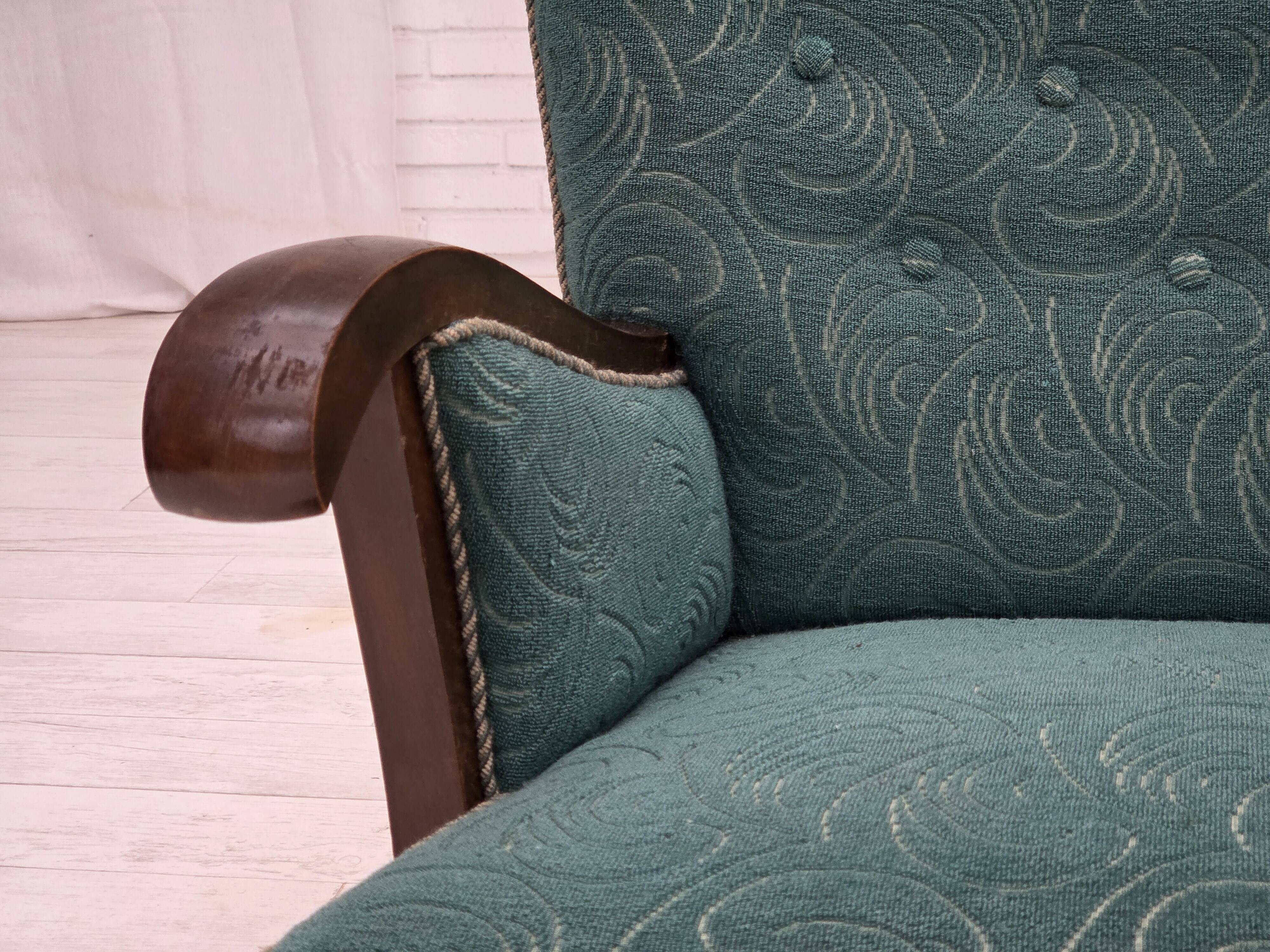 1950s, Danish armchair, original green/beige furniture wool, beech wood.