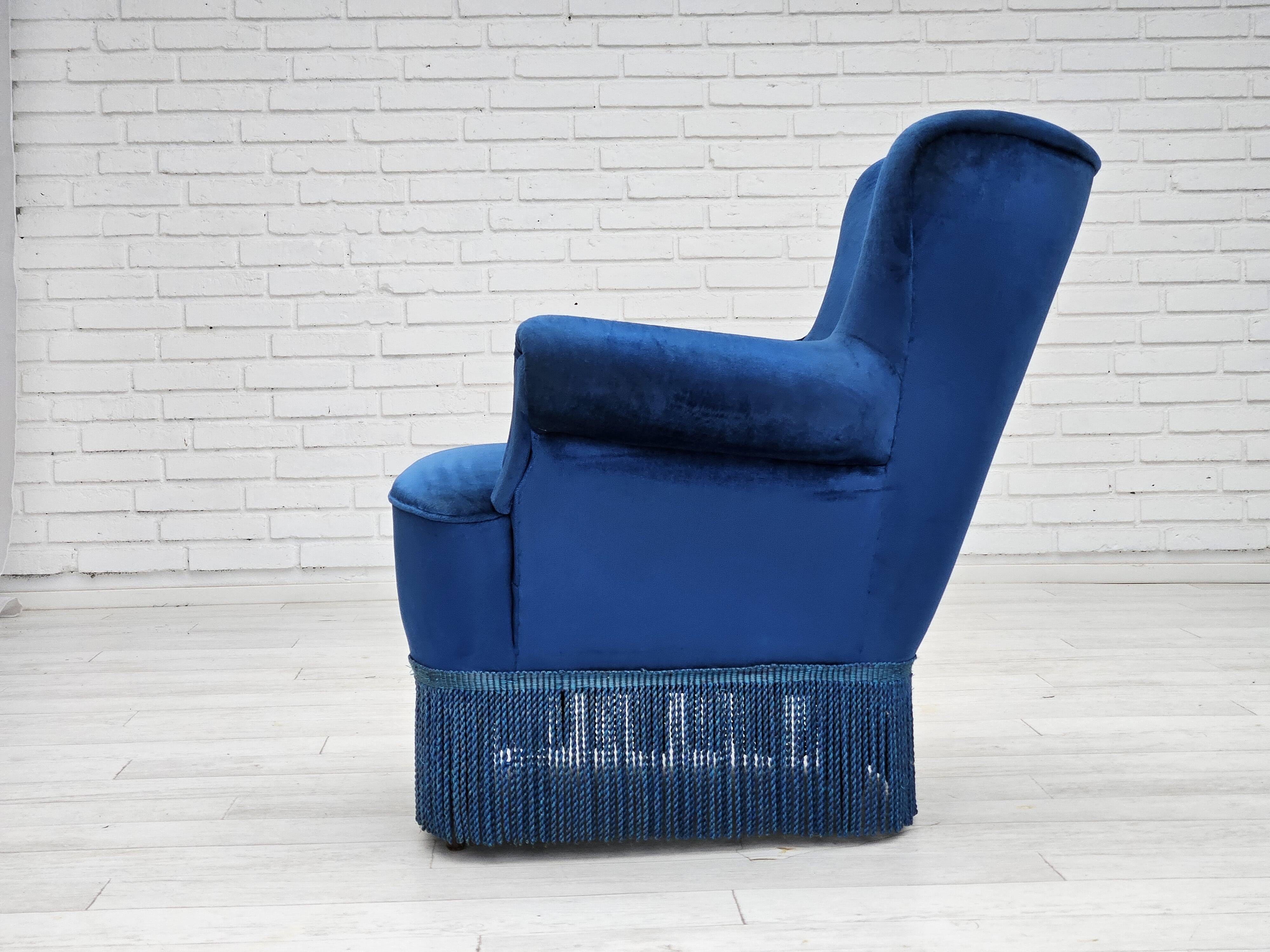 1960s, Danish lounge chair, blue furniture velour, beech wood legs.