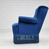 1960s, Danish lounge chair, blue furniture velour, beech wood legs.