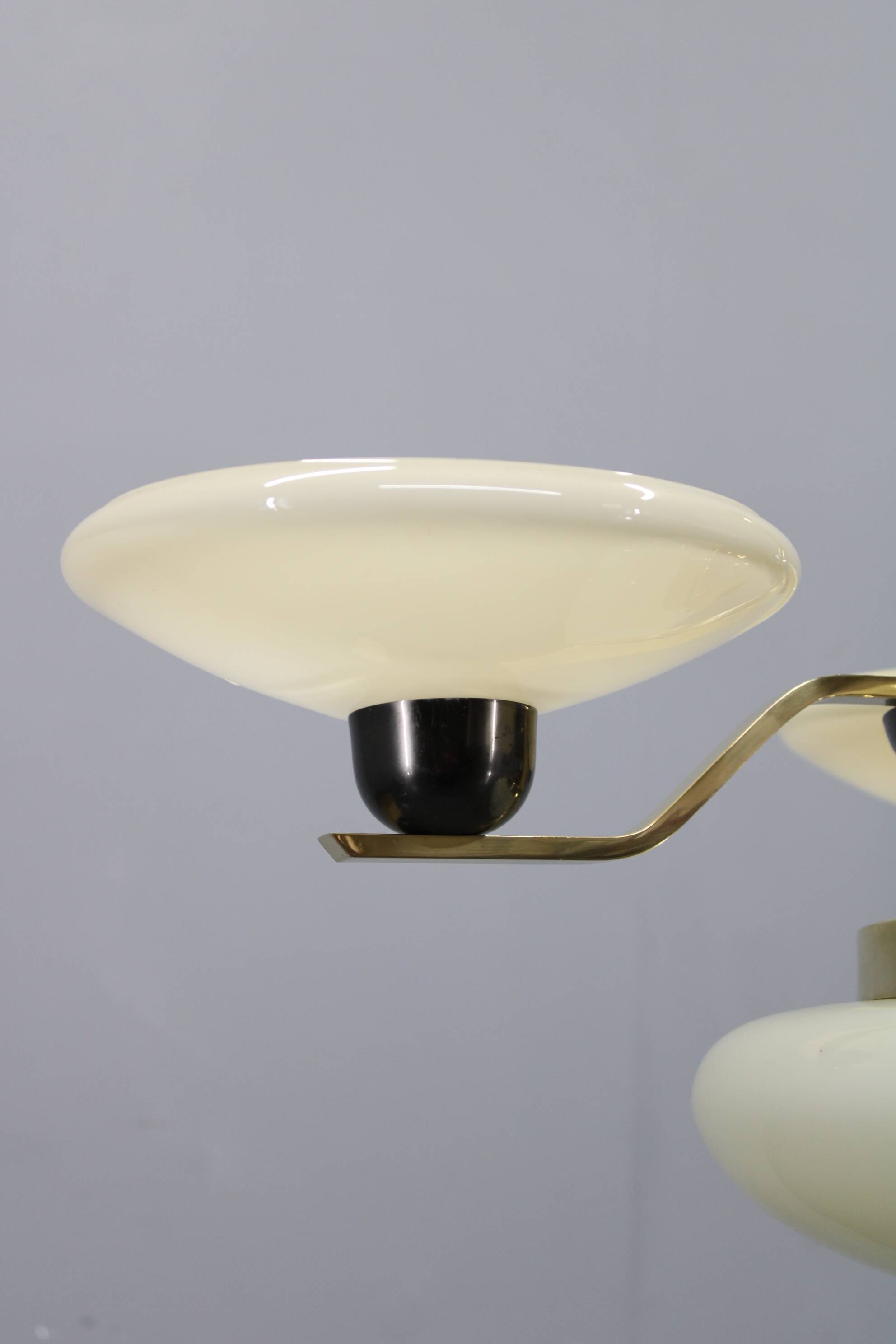 Art Deco brass and aluminum chandelier with cream glass, Czechoslovakia 1930s