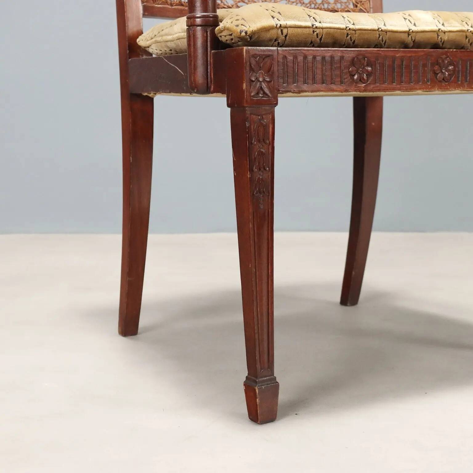 Antique beech armchair stained walnut and fabric, Italy, 19th century