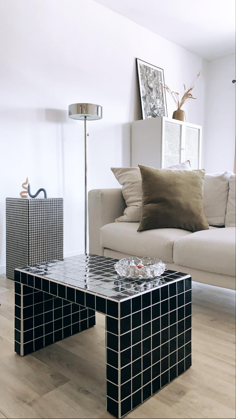 Side coffee table tile black joint white mosaic
