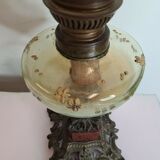 Kerosene lamp in bronze and enamelled glass