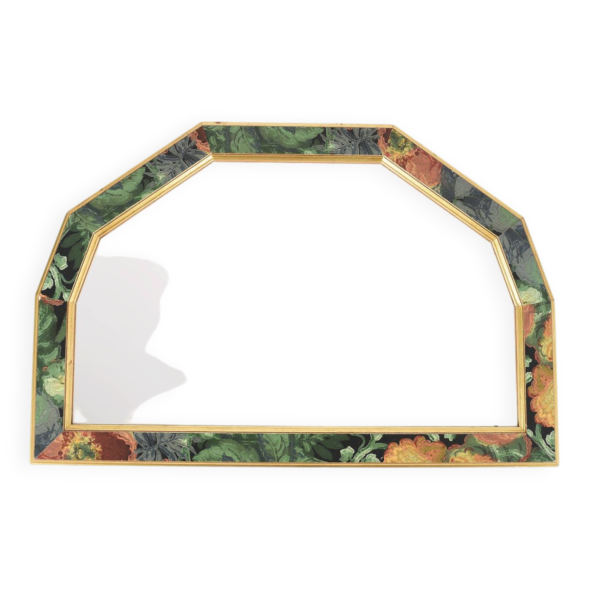 Old vintage octagonal mirror, floral patterns, green and gold