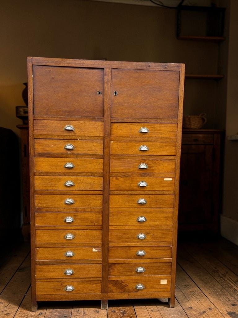 vintage industrial wooden drawer cabinet / archive cabinet