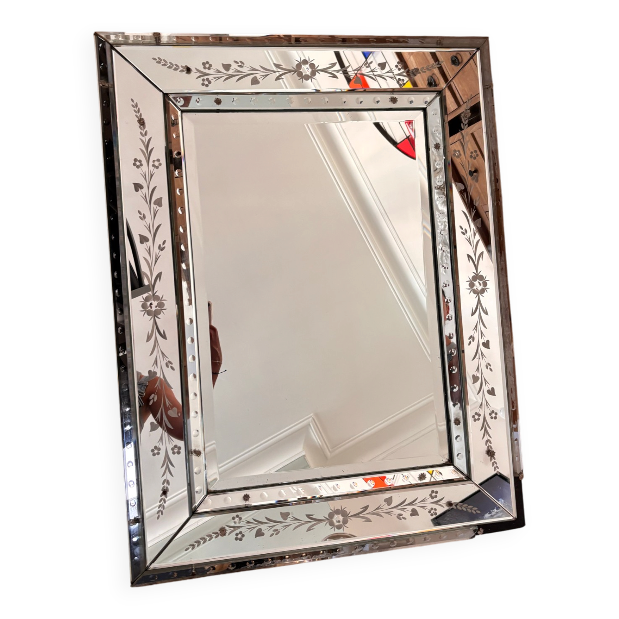 Antique Venetian mirror in engraved and bevelled glass – Floral decoration – Ita