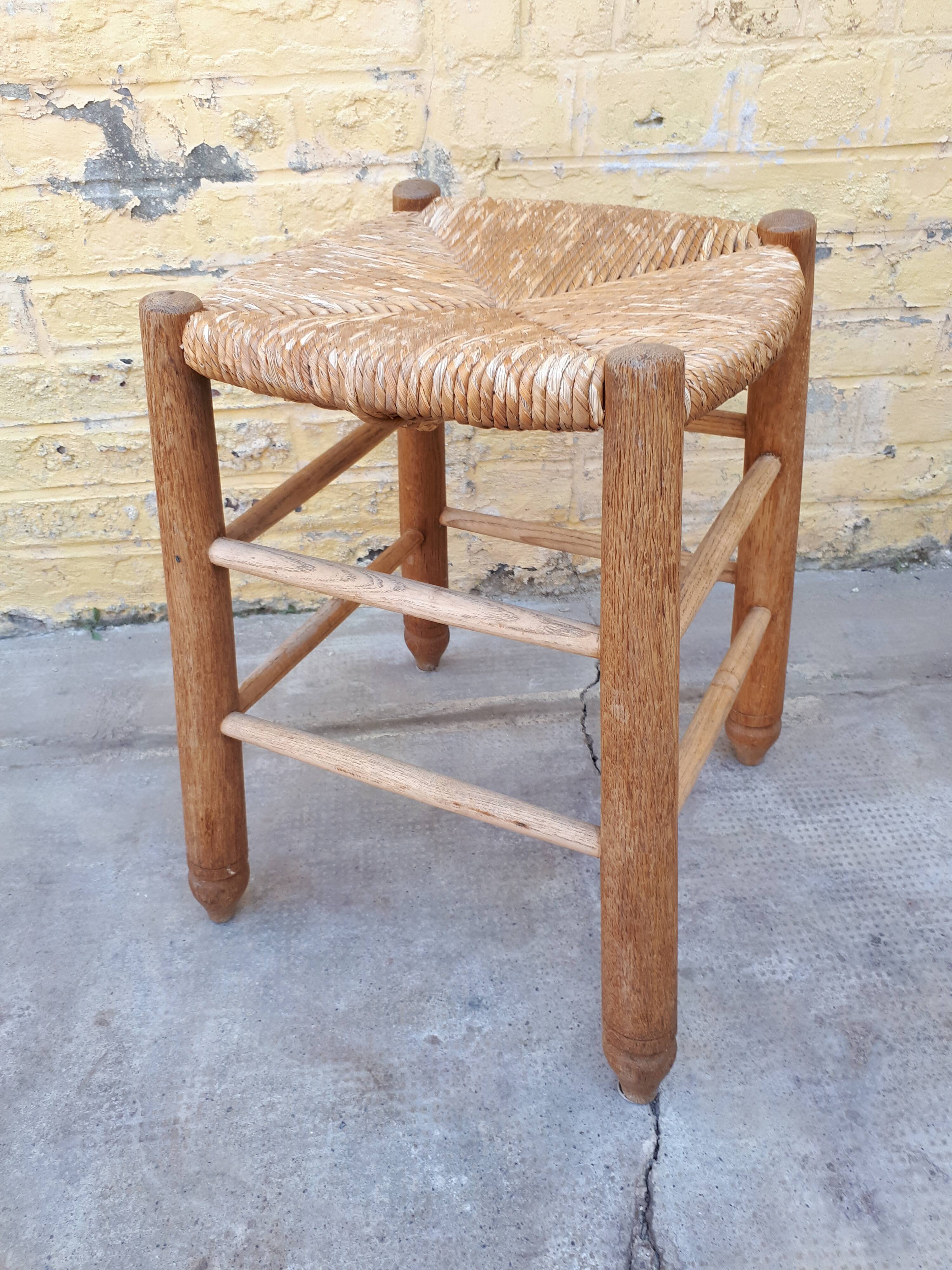 Pair of wooden and straw stools