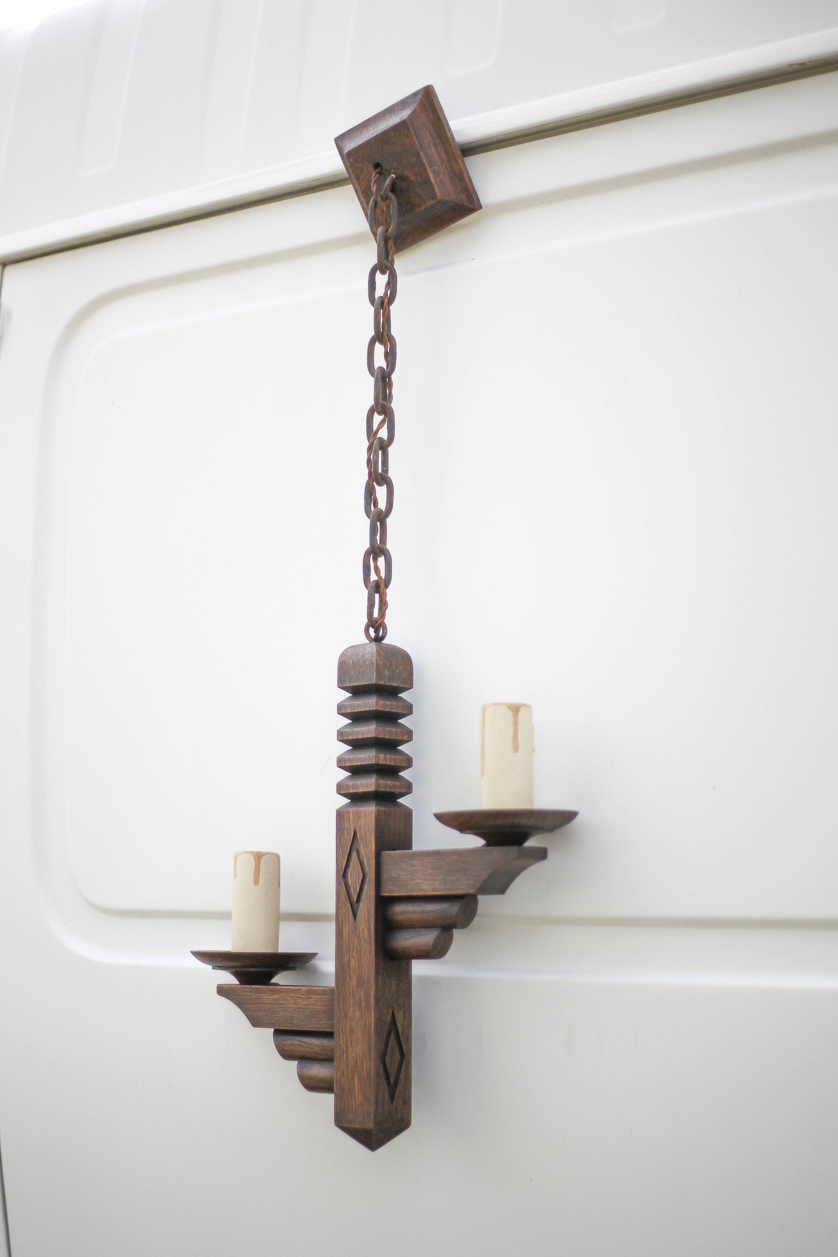 Wooden pendant light, vintage pendant light, 2-light wooden hanging lamp, Gothic