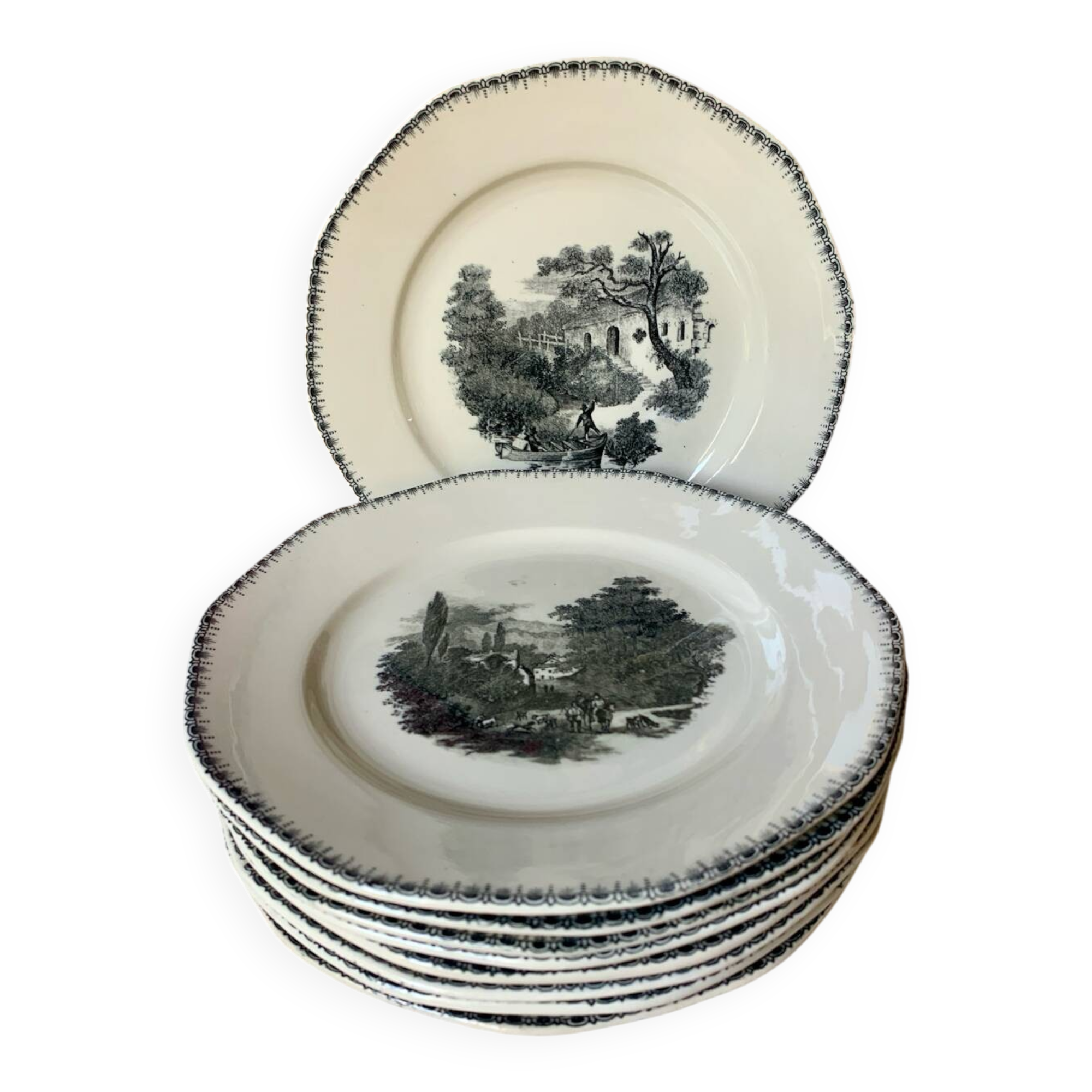 Neuf assiettes à dessert anciennes Boch La Louvière