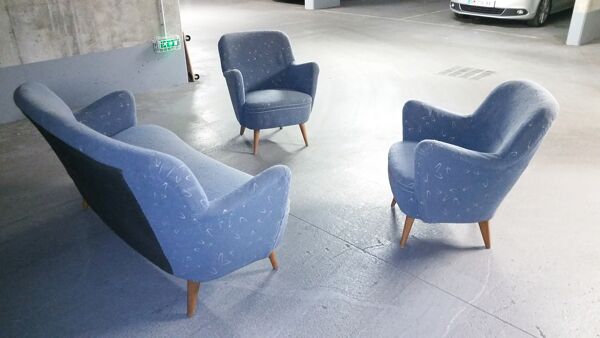 Set canapé et 2 fauteuils vintage années 50/60 organique vintage tissus original