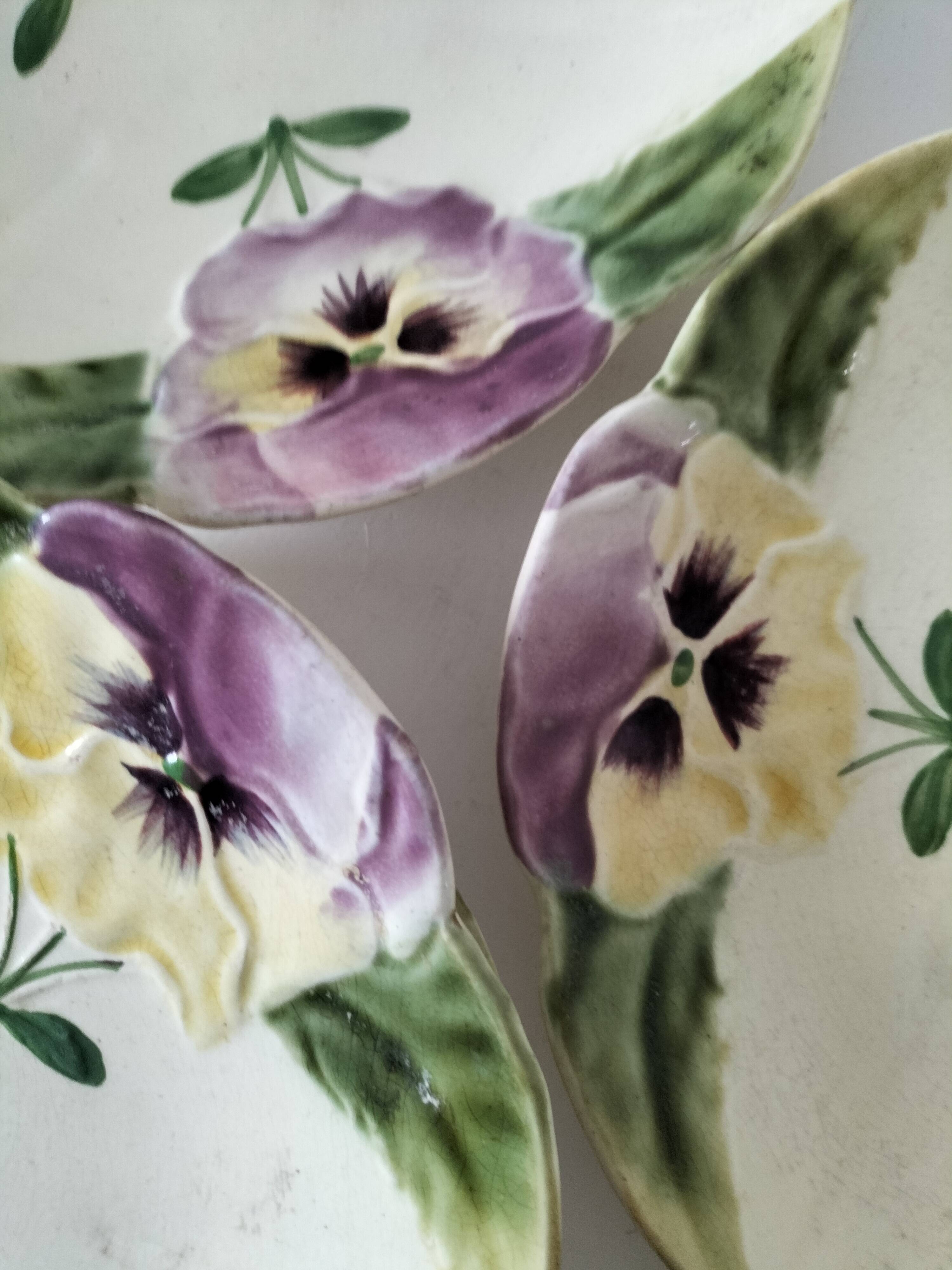 4 barbotine plates with pansies H. Boulenger Choisy-le-Roi