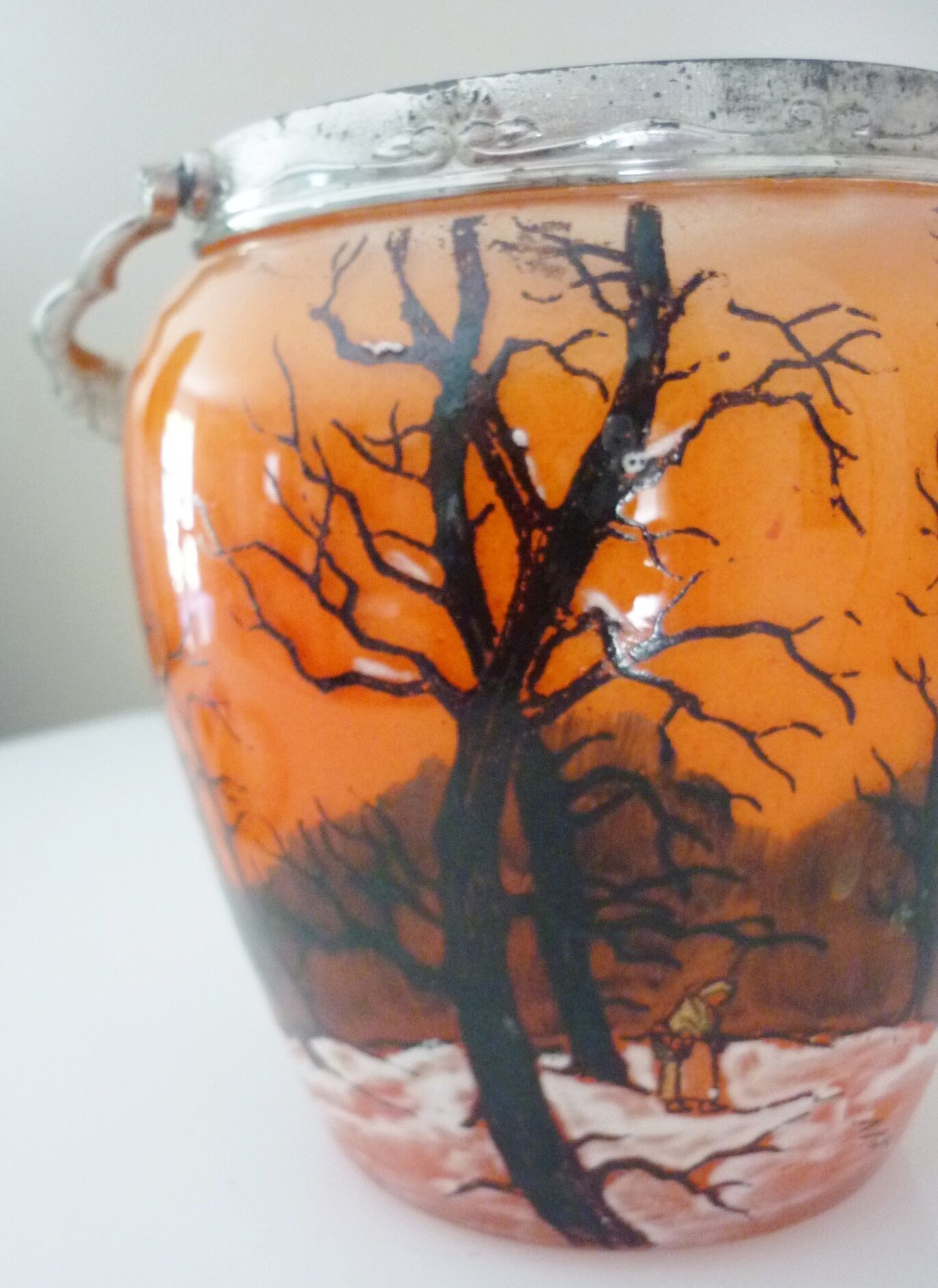 Seau, pot à biscuits ancien, verre soufflé, émaillé, ateliers Legras, art nouveau