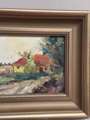 Huile sur panneau originale "Huts" par K.B, vintage et encadrée 30 × 25 cm