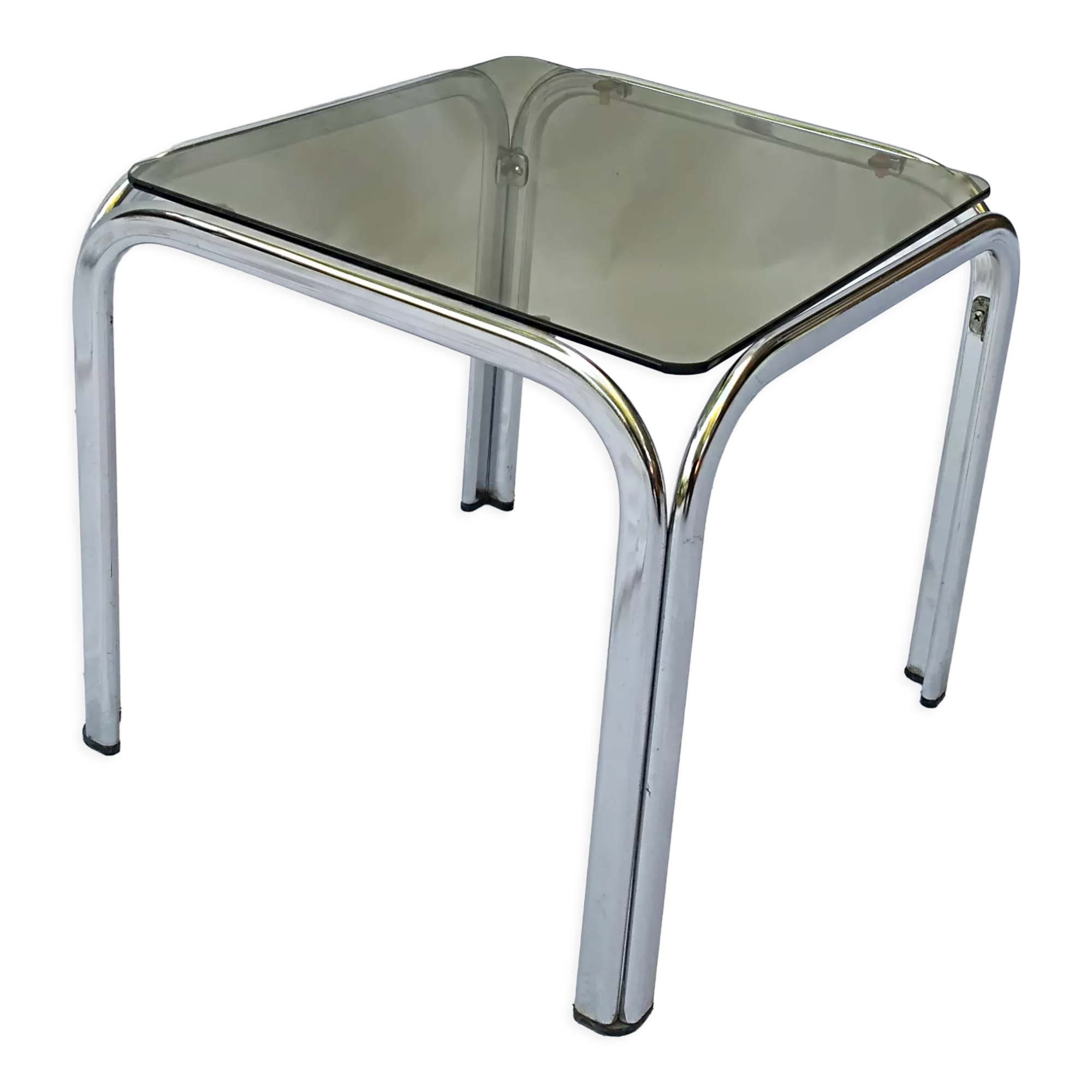 Square coffee table chromed metal and smoked glass