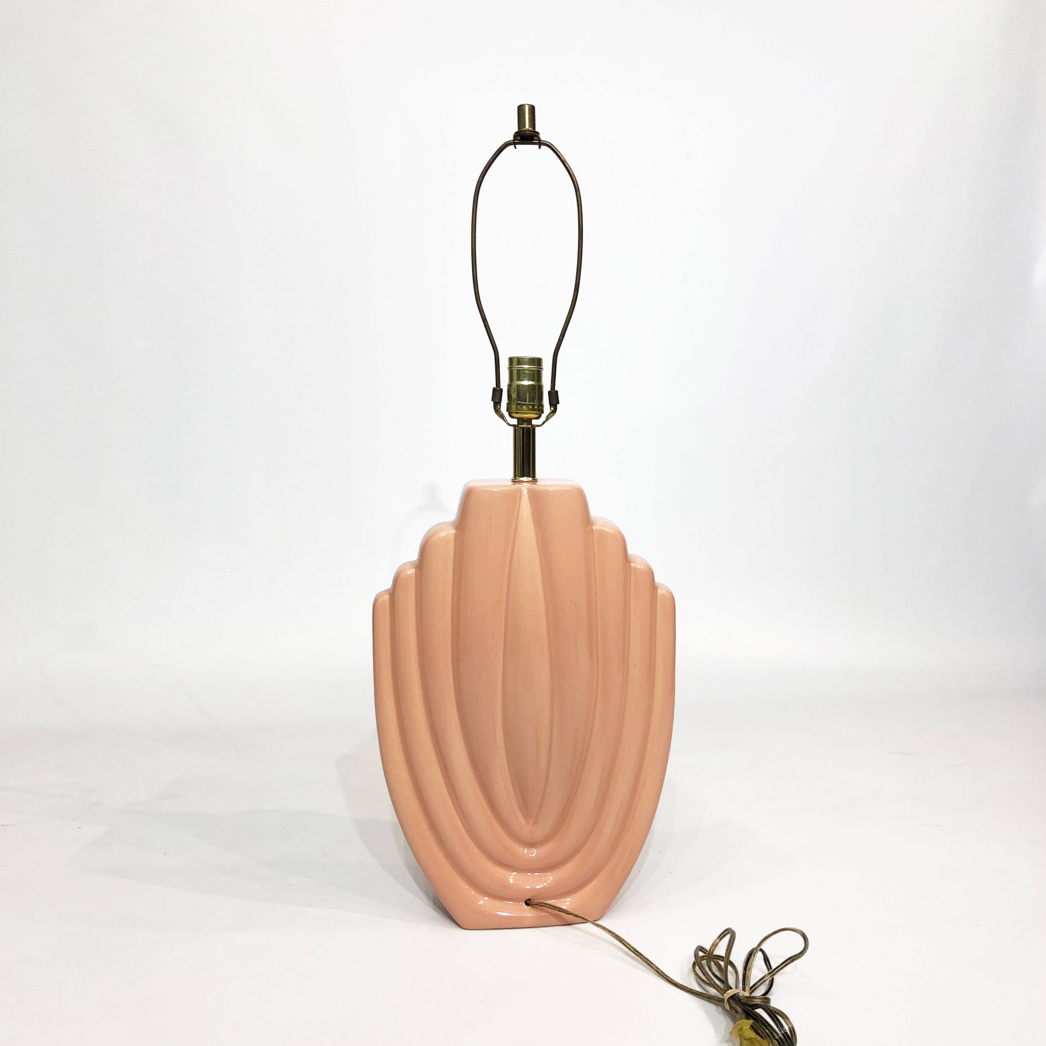 1980s salmon pink ceramic table lamp art deco pastel midcentury golden girls