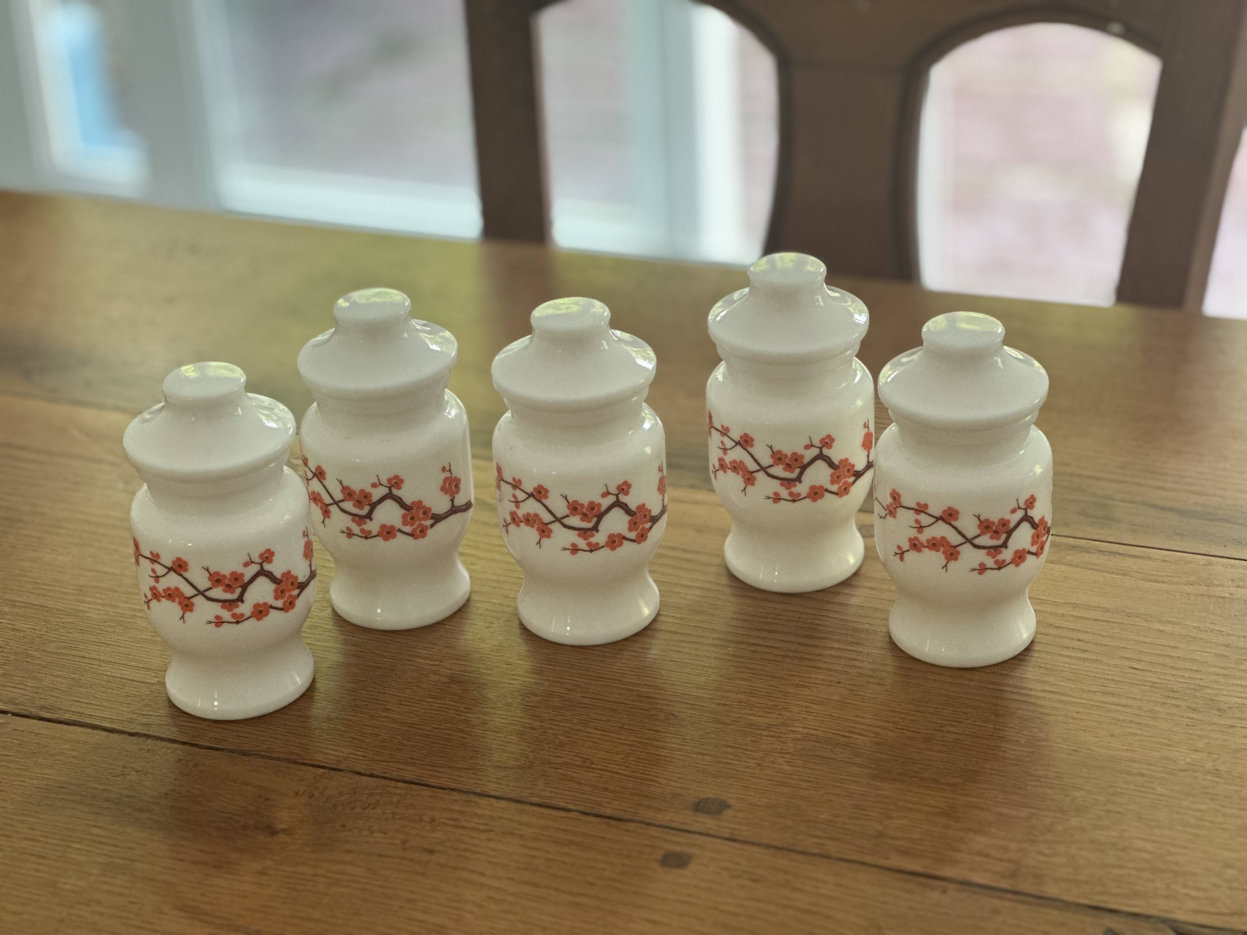 Set of 5 vintage opaline Ariel spice jars