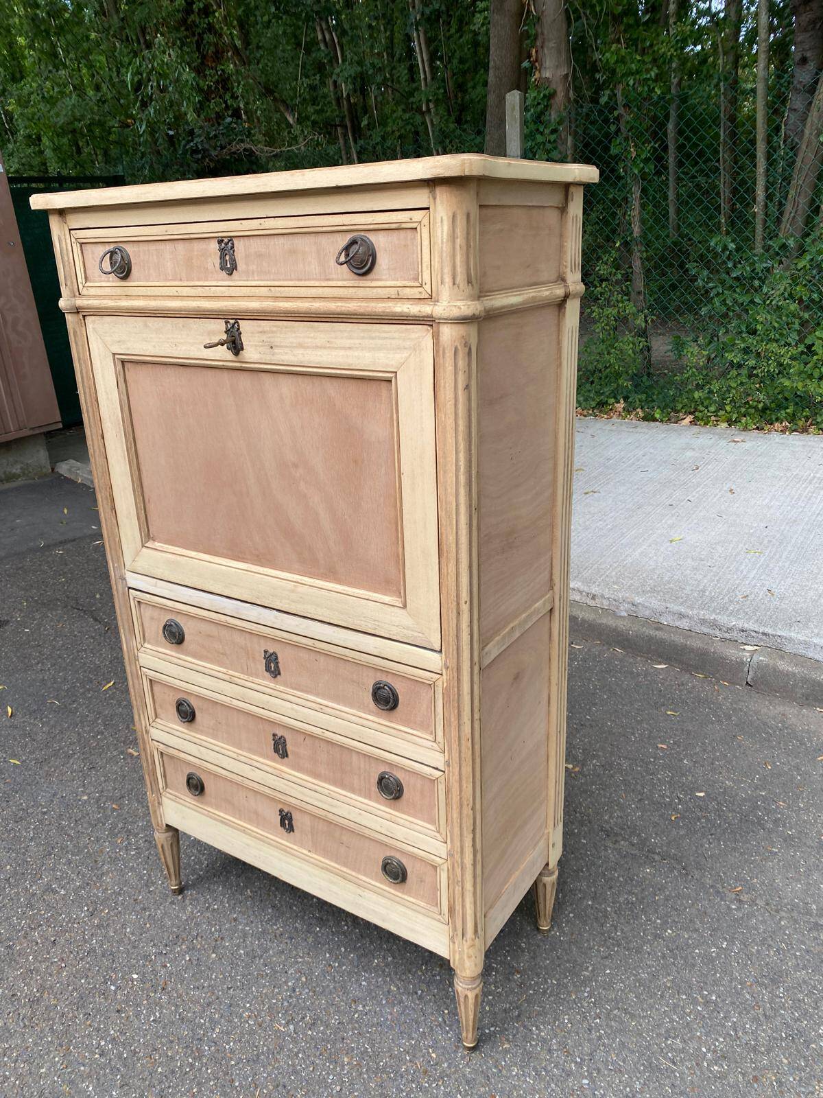 Secretary Louis XVI in stripped solid pine with a drop-down front and red leather, 1950.