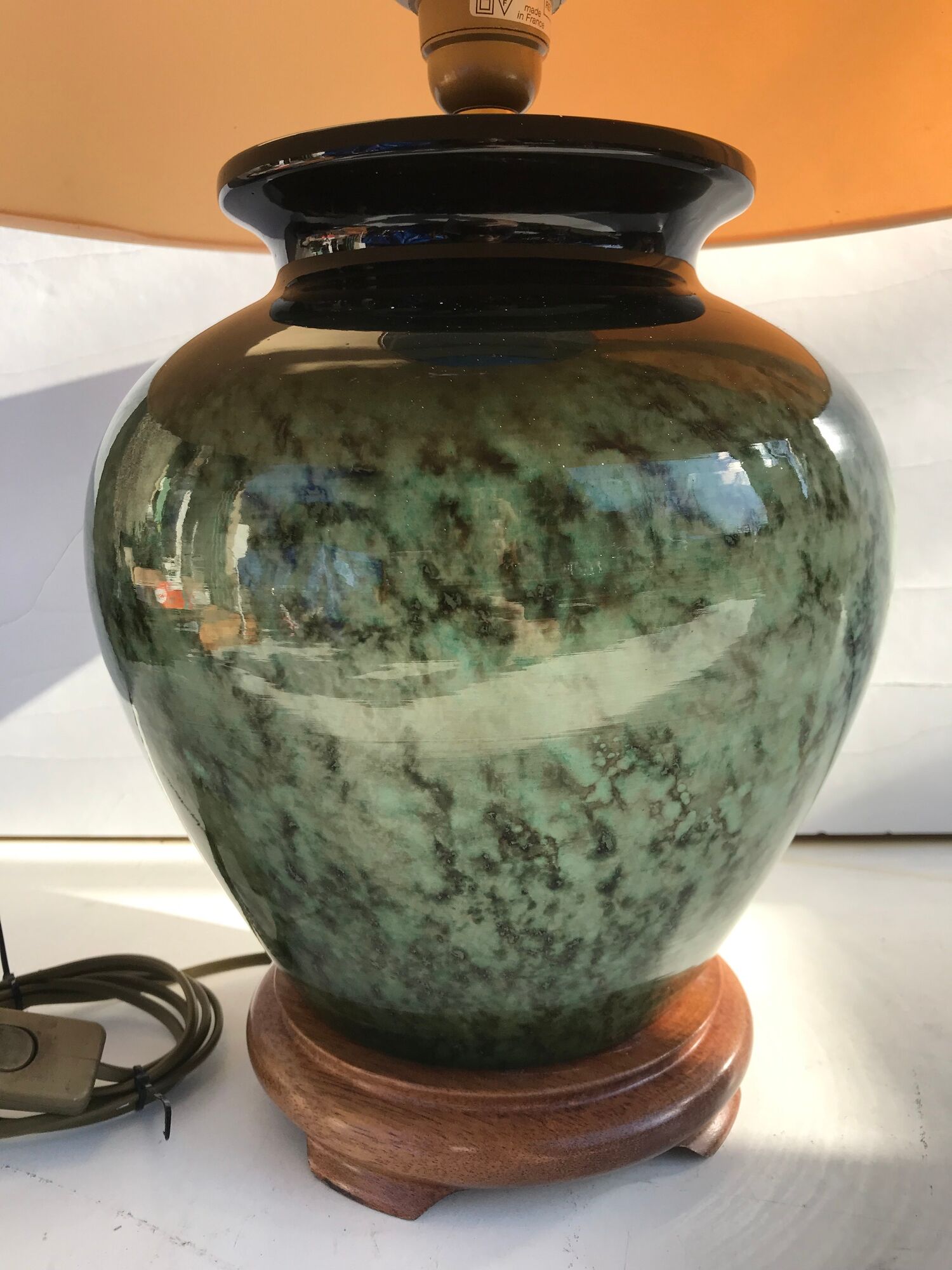 Ancient painted pottery Drimmer + wood + shade vintage pedestal vase lamp
