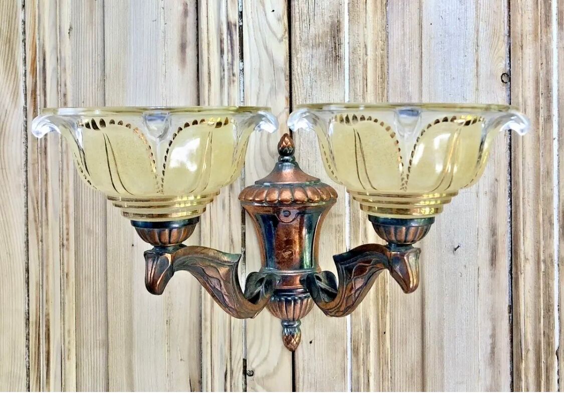 Wall lamp double fires copper metal art deco glassware ezan opalescent gilded