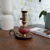 Vintage brass and colored glass hand candle holder