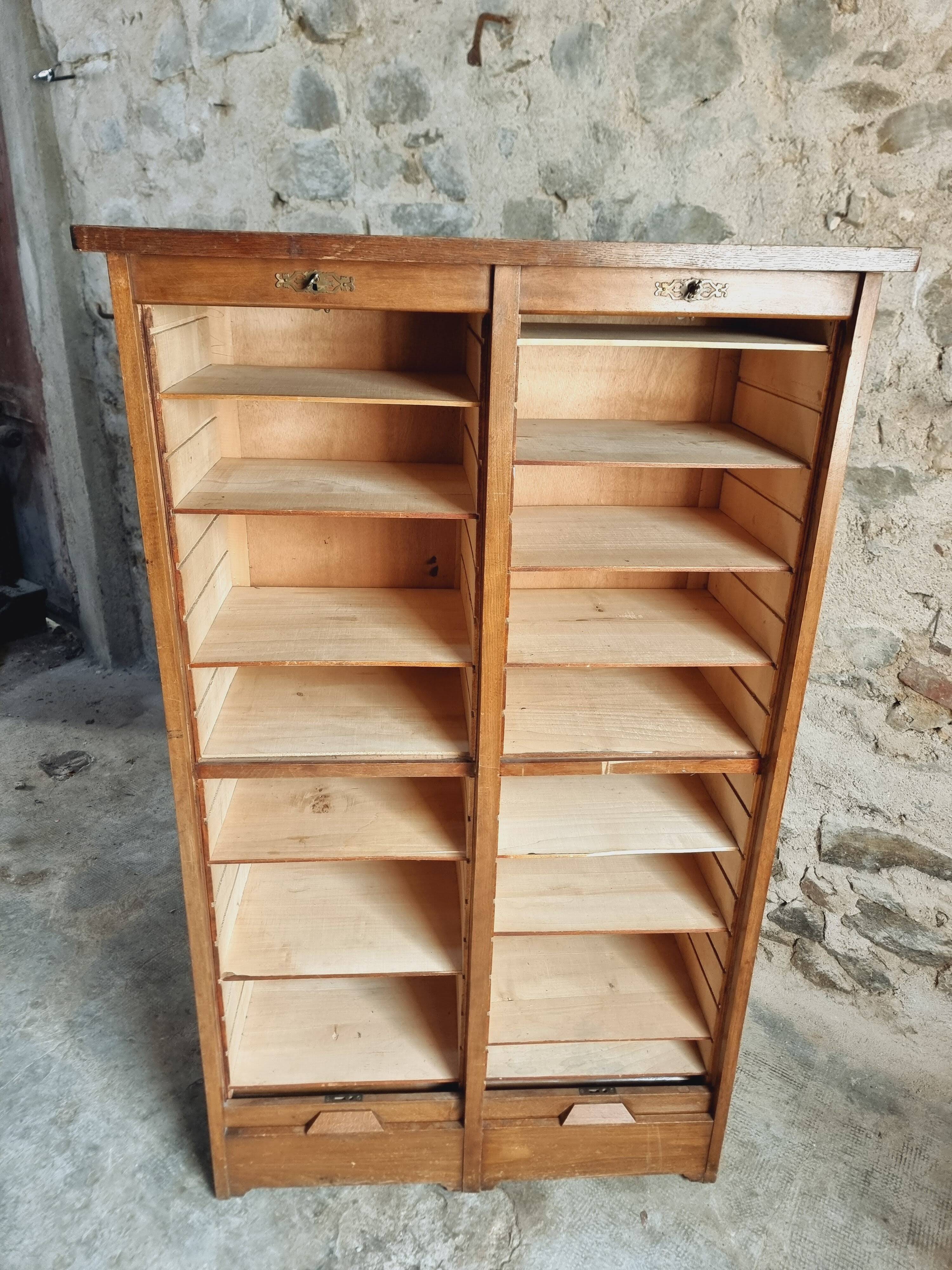 Antique filing cabinet with curtains – 1920s/30s – Beech
