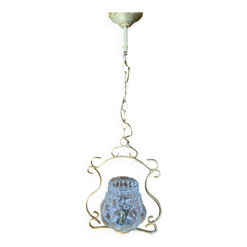 Suspension Ancienne Verre Moulé + Support Métal Doré Vintage #E511