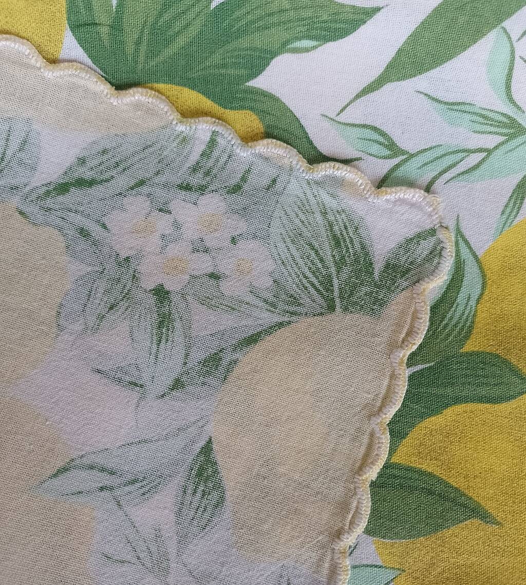 Nappe festonnée en coton vintage 6 serviettes Citrons Fleurs de citronnier
