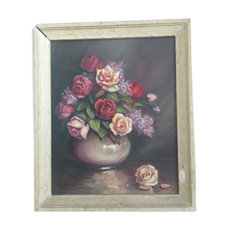 Tableau nature morte roses Valentin Ponseti 1954